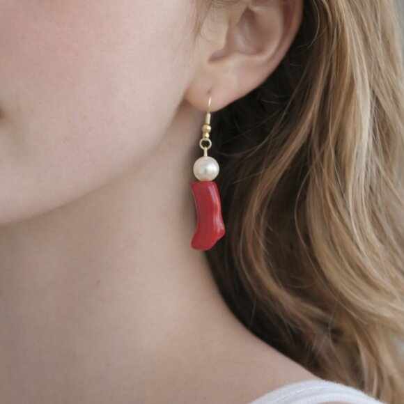 upcycled handmade Jewelry - Patch & Roam Red Coral and faux pearl dangle earrings Habdmade Upcycle